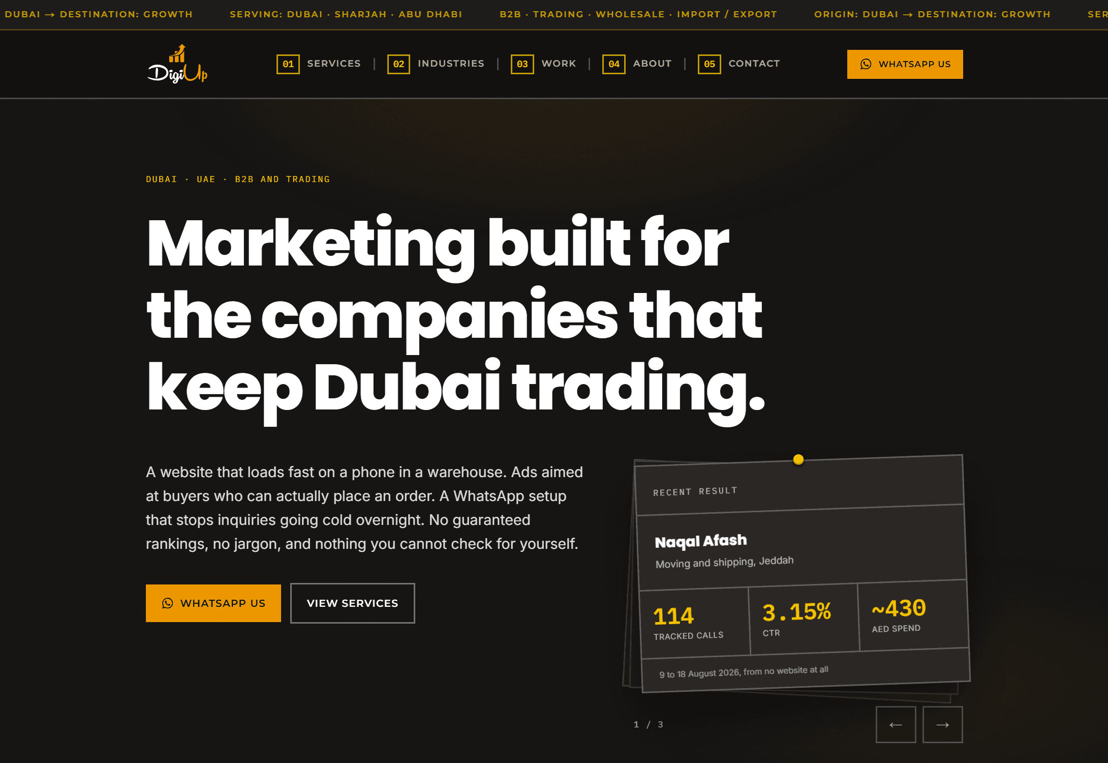 The Digital Upscaling homepage, a dark page headlined Marketing built for the companies that keep Dubai trading, with a gold WhatsApp button and a result card pinned beside the copy.