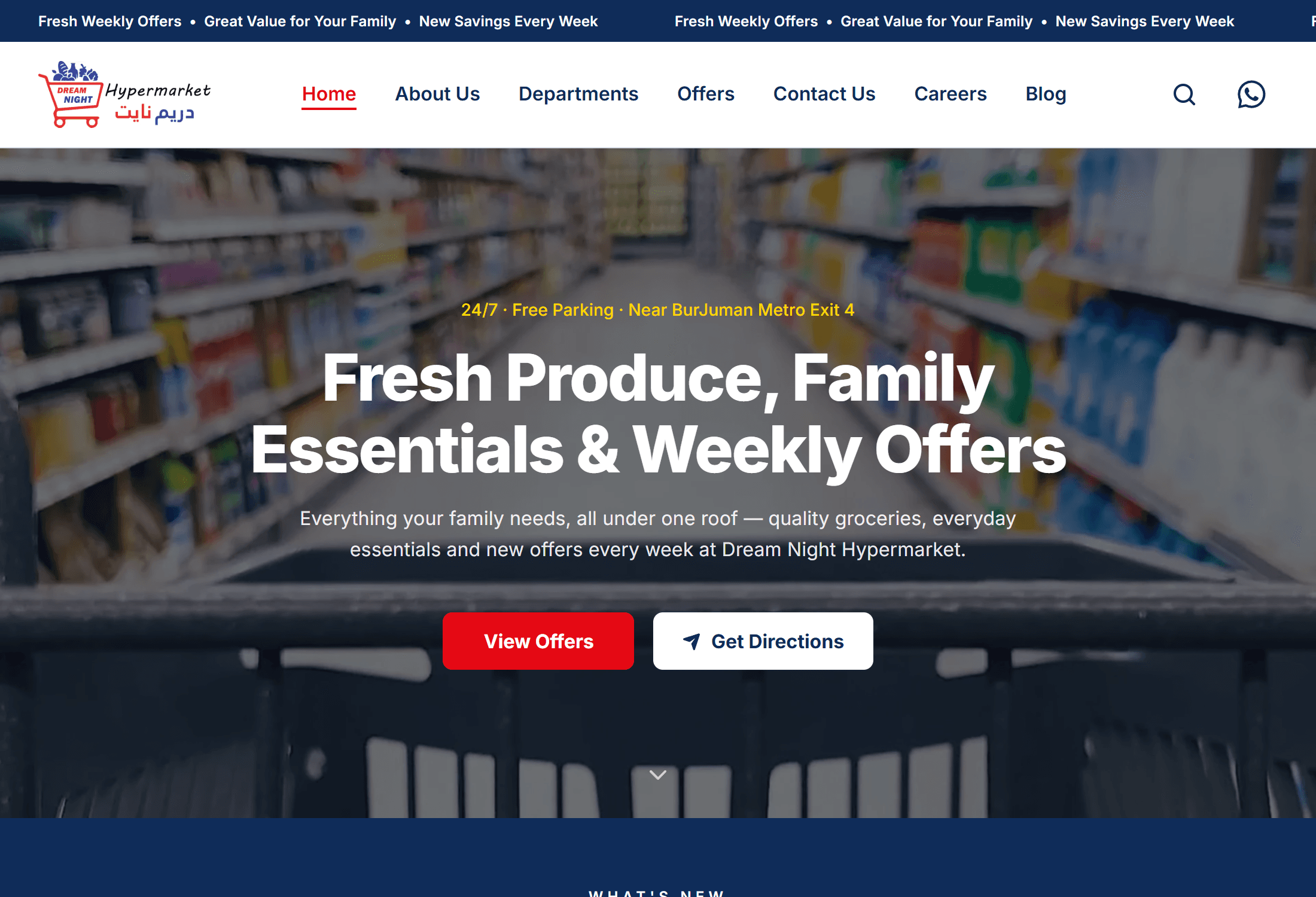 The Dream Night Hypermarket homepage, headlined Fresh Produce, Family Essentials and Weekly Offers, over a blurred supermarket aisle with View Offers and Get Directions buttons.