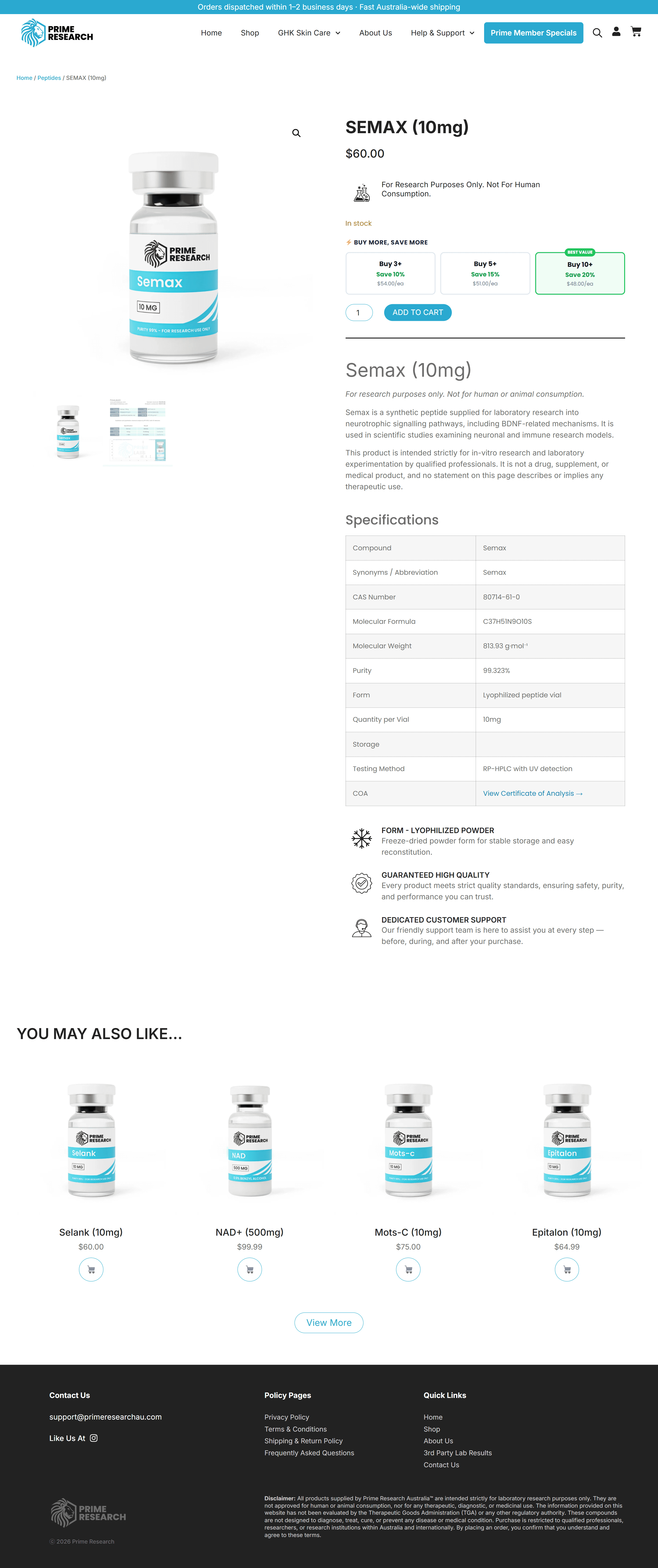 A Prime Research product page for SEMAX 10mg, showing the price, in-stock status, bulk pricing tiers, a research-use-only notice, and a specifications table listing CAS number, molecular formula, purity and a link to the certificate of analysis.