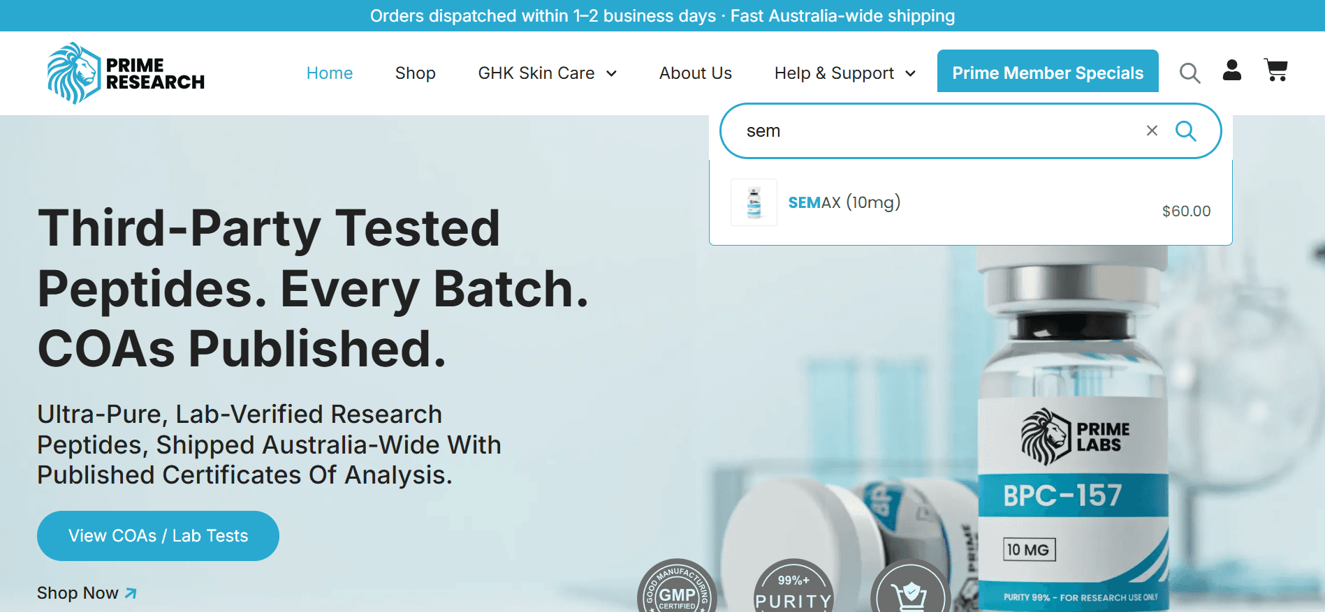 The rebuilt search on Prime Research. Typing the letters s-e-m opens a dropdown below the field showing a single matching product, SEMAX 10mg, with its product photo and a price of $60.00.