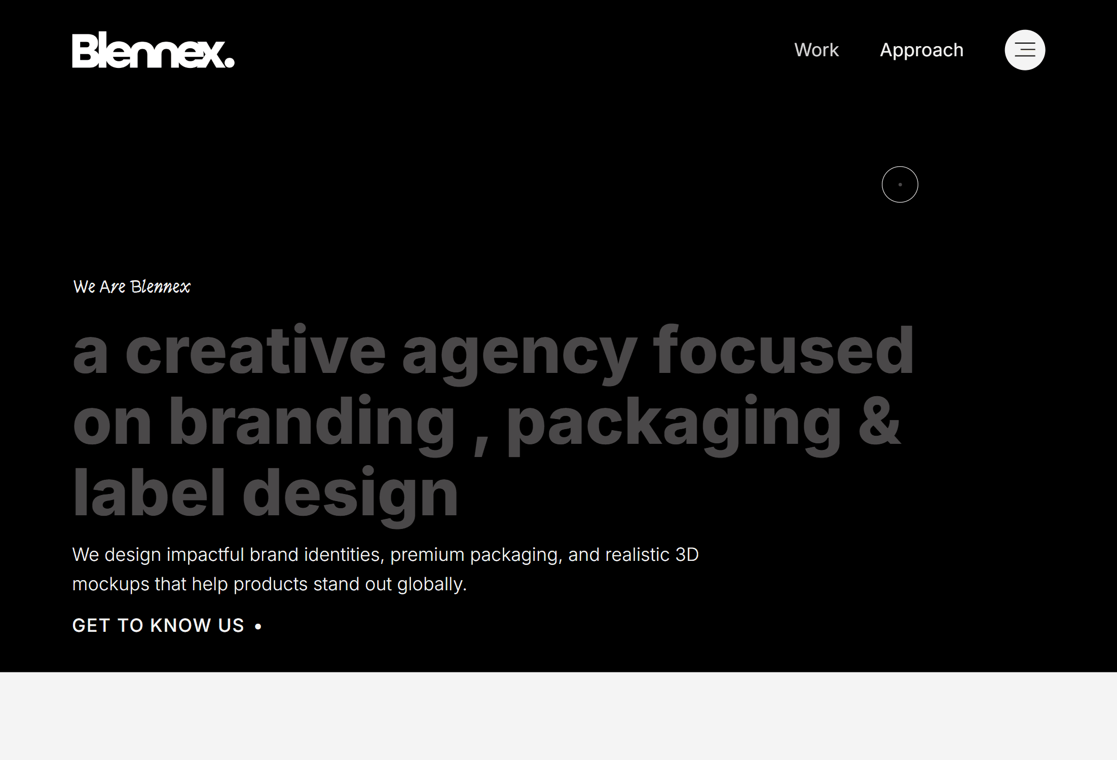 The Blennex homepage, a dark hero reading: a creative agency focused on branding, packaging and label design.