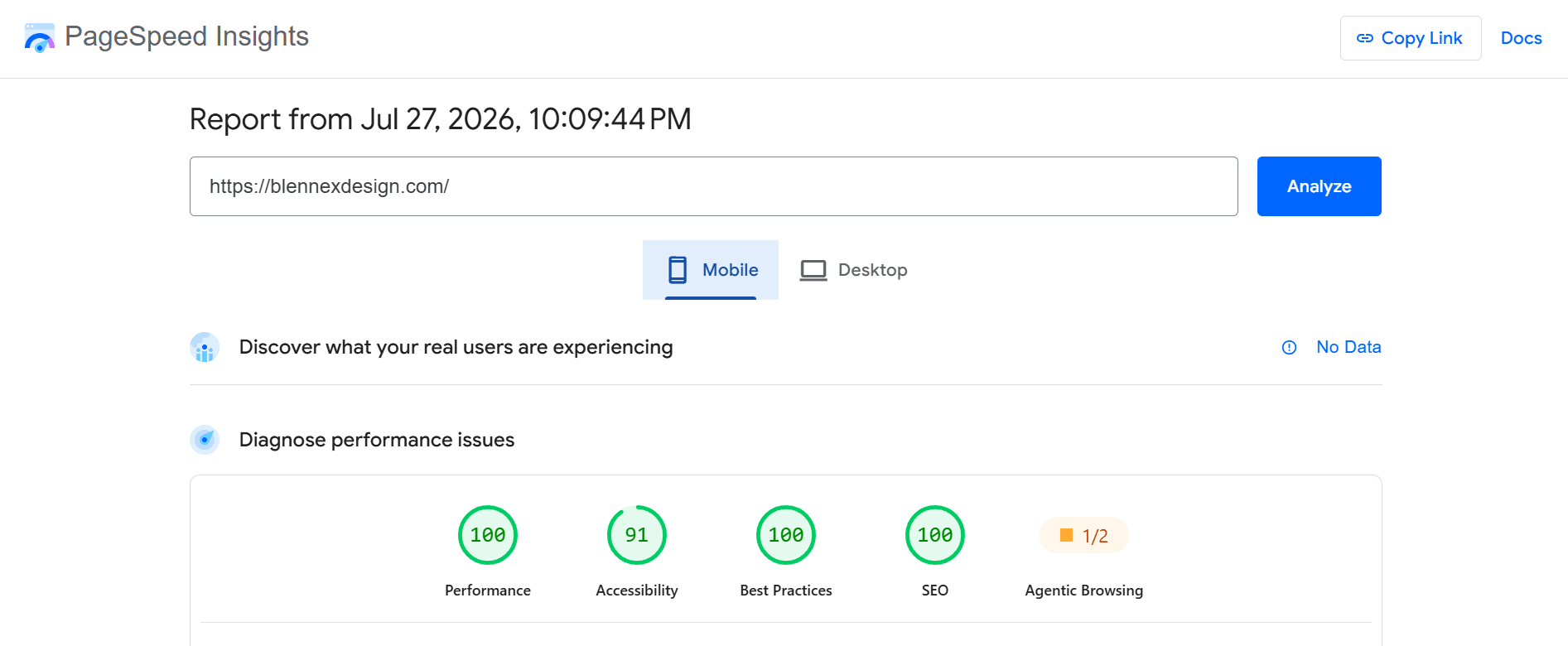 PageSpeed Insights mobile report for blennexdesign.com, dated 27 July 2026, showing Performance 100, Accessibility 91, Best Practices 100 and SEO 100.