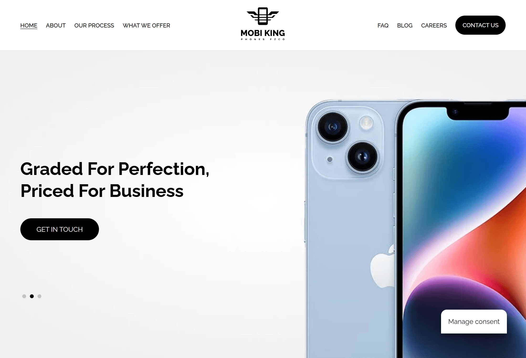 The Mobi King Phones homepage, headlined Graded For Perfection, Priced For Business, above a wholesale iPhone listing.